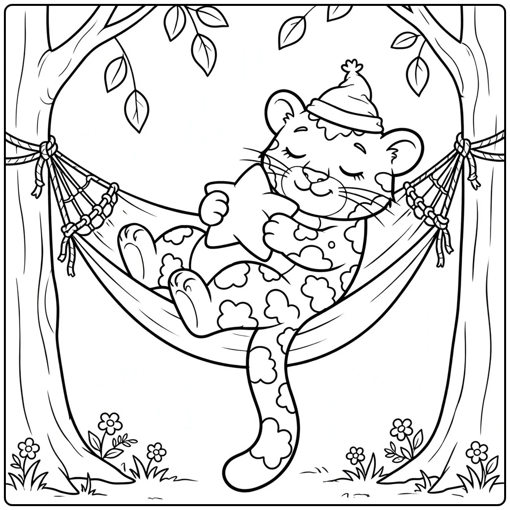 Sleepy clouded leopard resting in a hammock with a star pillow and nightcap