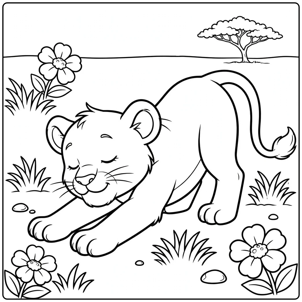 Sleepy cub stretches among flowers in a baby lion coloring page on open grassland