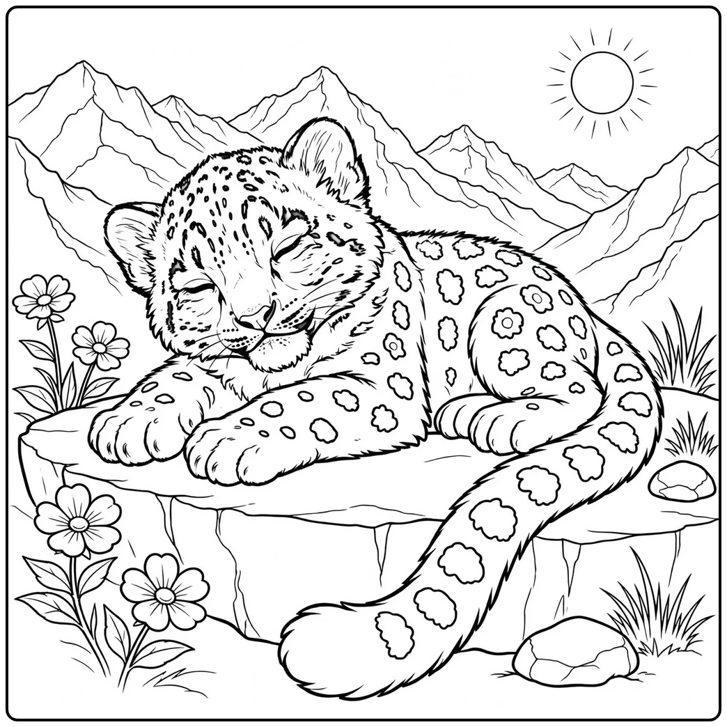 A sleepy snow leopard cub resting on a sunlit rock with its bushy tail hanging down