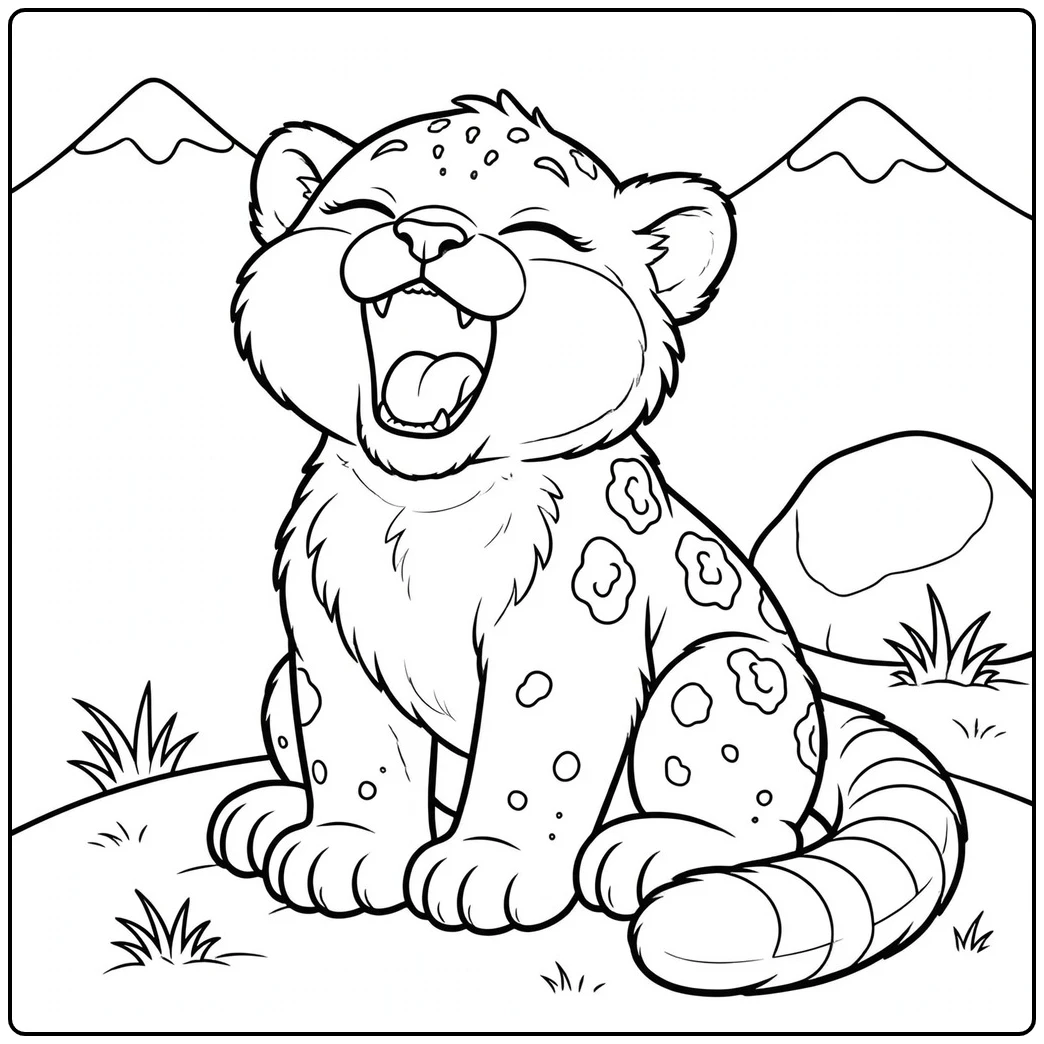 A fluffy snow leopard cub yawning with closed eyes beside snowy mountain peaks