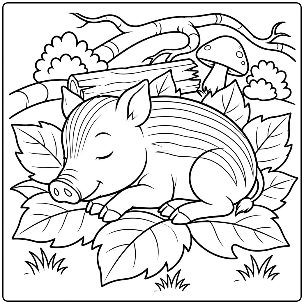 Sleeping striped wild boar piglet curled up on large leaves beside a woodland log