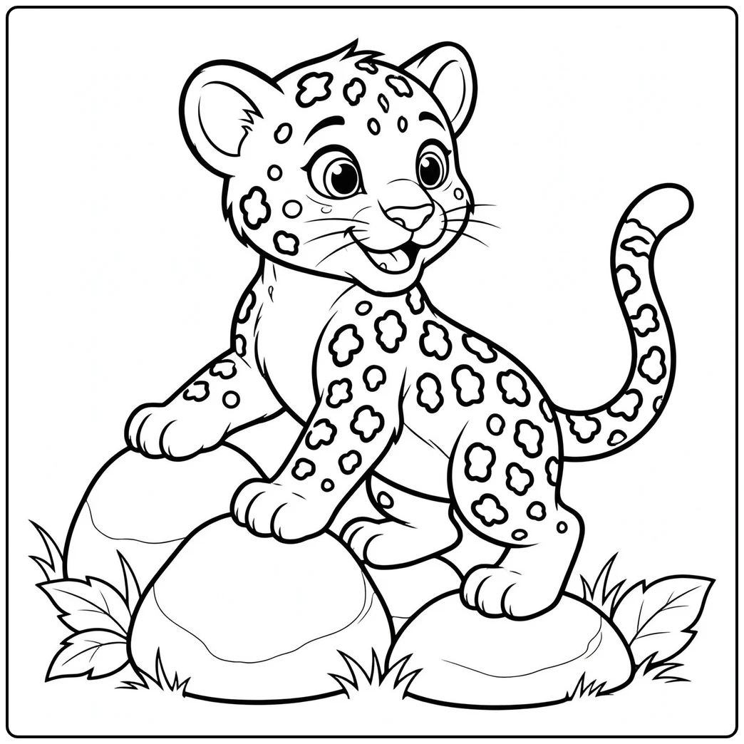 Smiling cub on rocks in a baby leopard coloring page with leafy plants