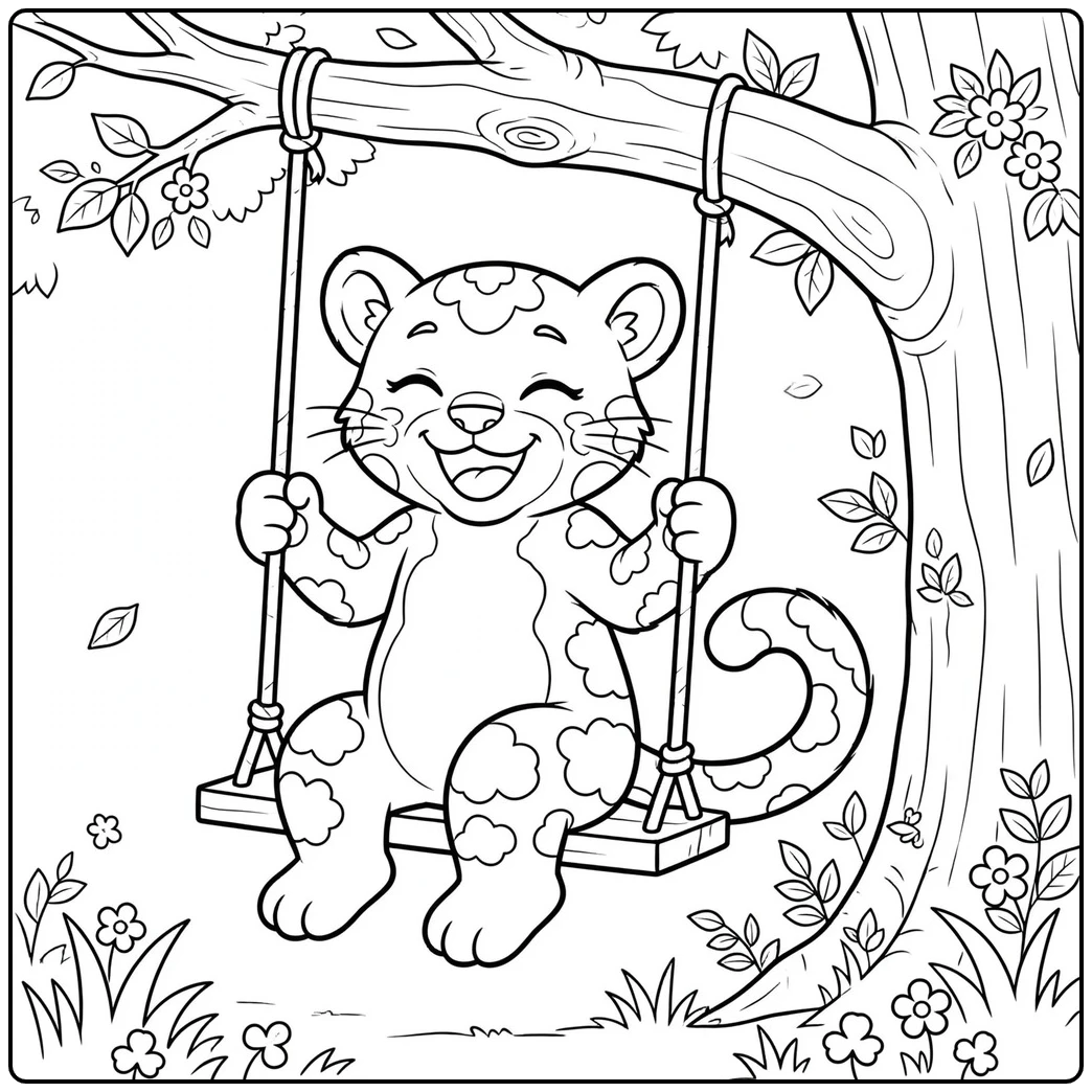 Smiling clouded leopard coloring page swinging beneath a large flowering tree