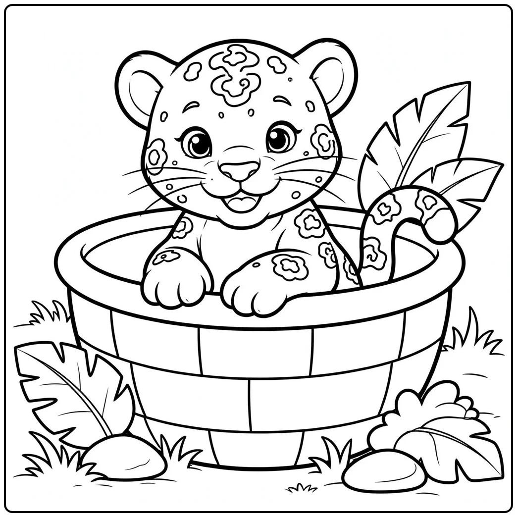 A happy jaguar cub sitting inside a round wooden basket with its paws resting on the rim