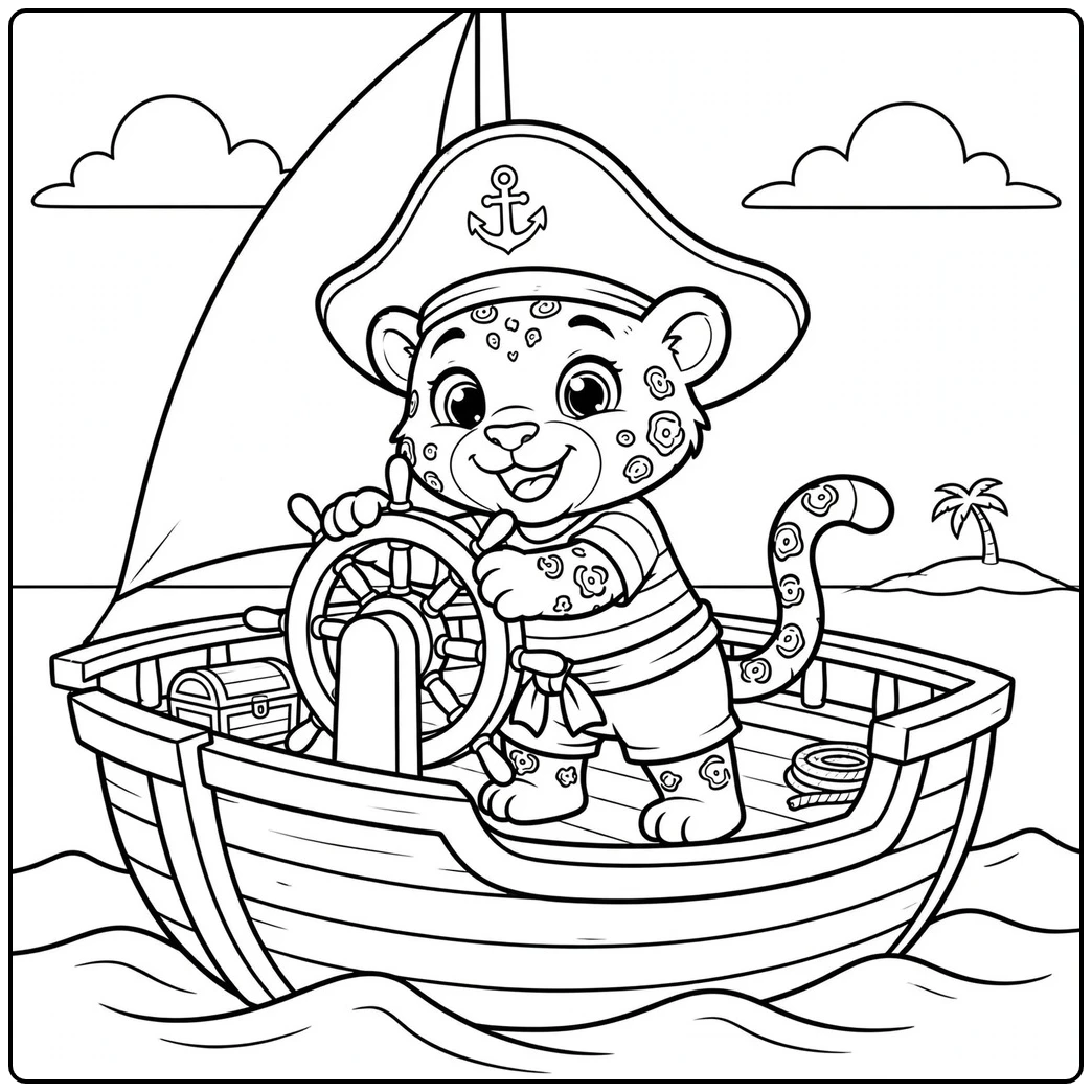 Little jaguar pirate in a captain's hat steering a wooden sailboat across ocean waves