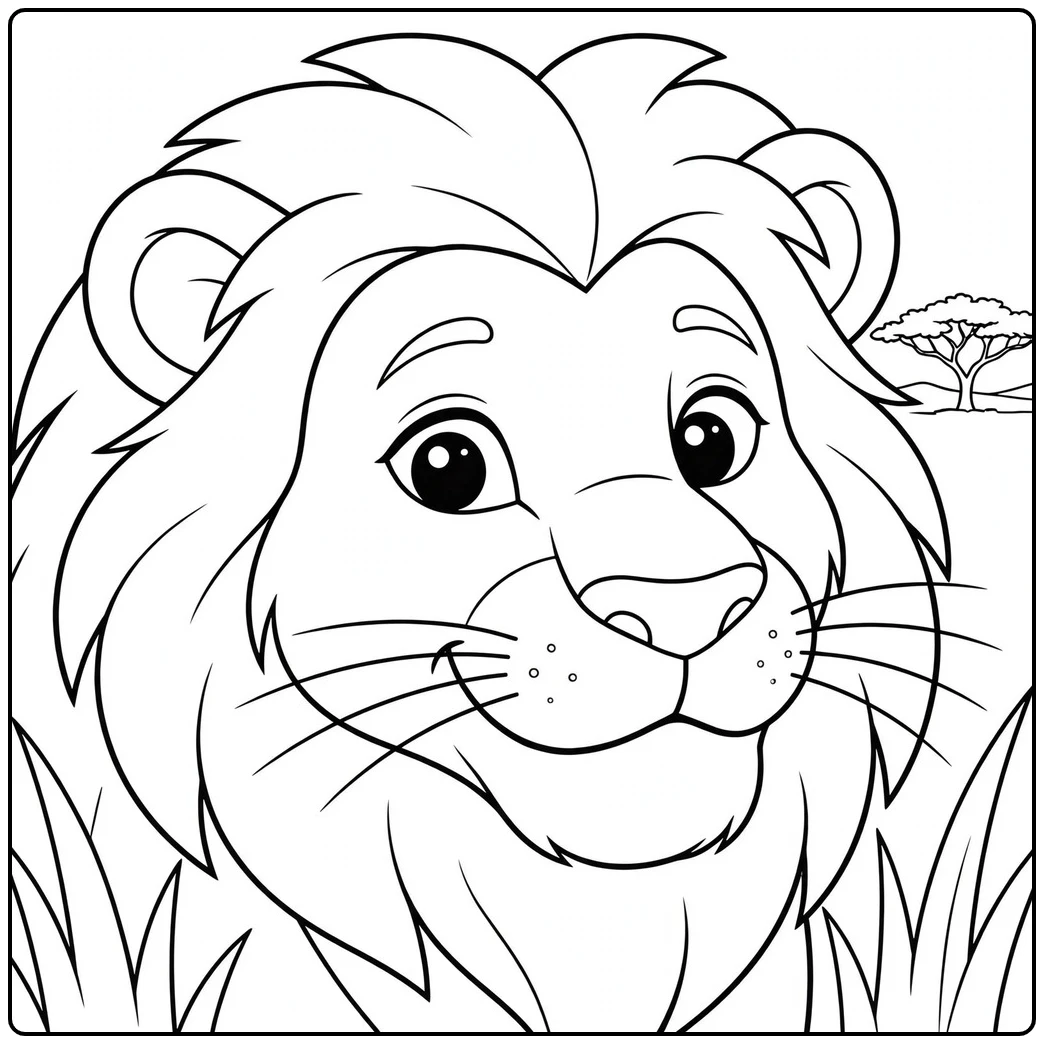 Close-up preschool lion face coloring page with a large mane and savanna grass