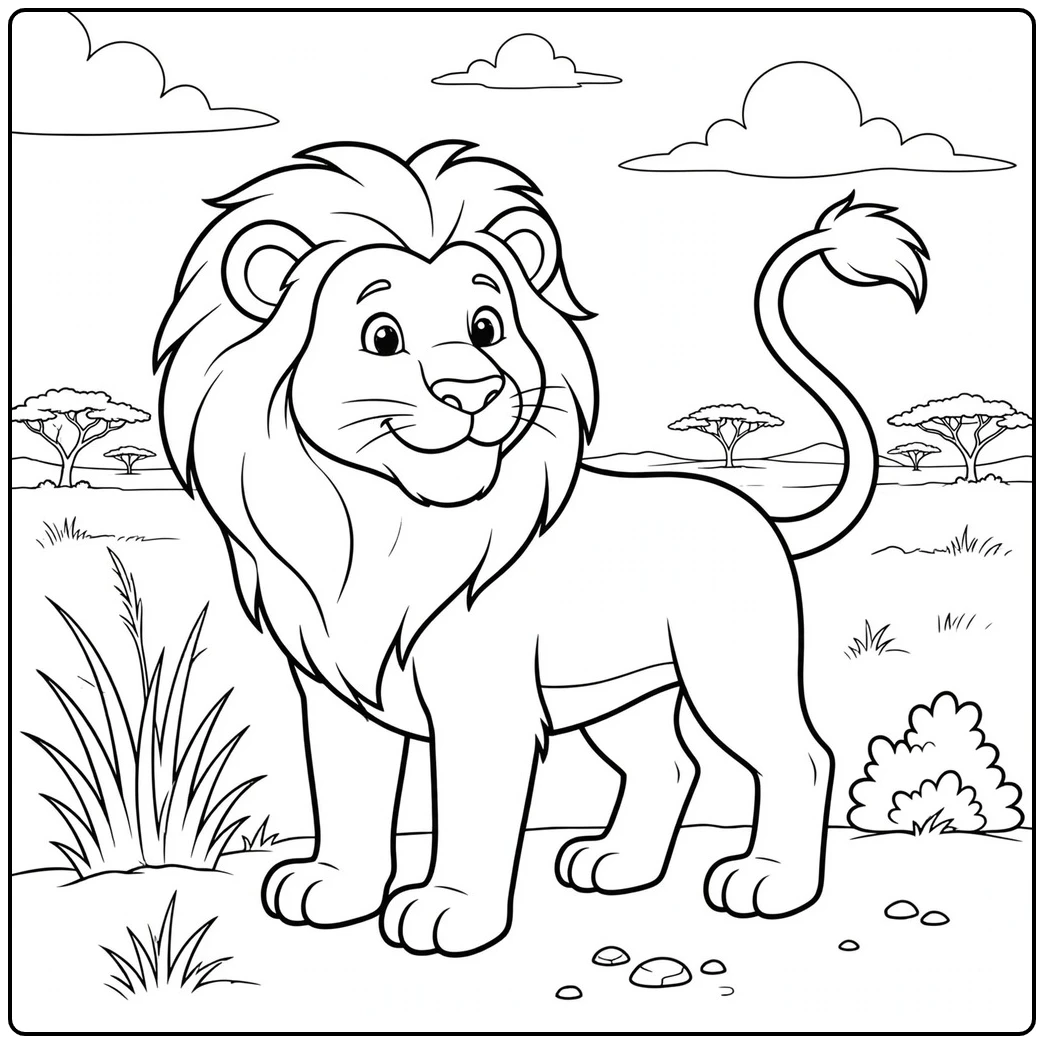 Smiling male lion with raised tail in an easy lion coloring page