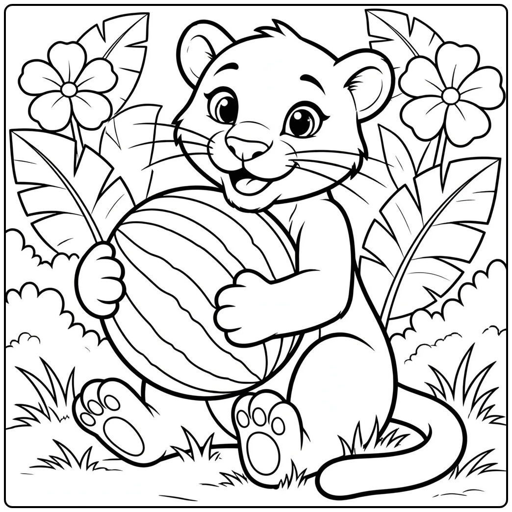 Happy panther cub hugging a large watermelon among tropical flowers and leafy plants