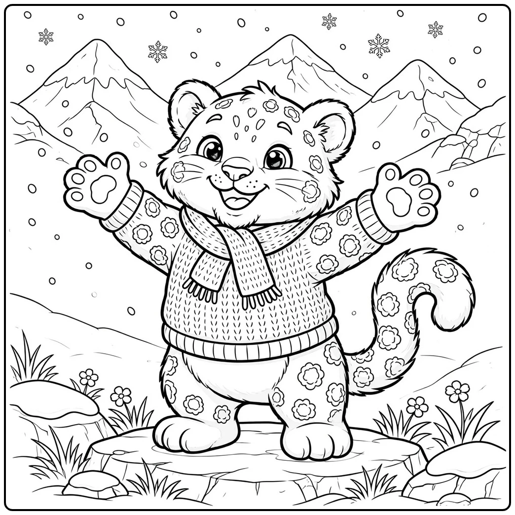 A sweater-clad cub greeting falling snow in a cute baby snow leopard coloring page