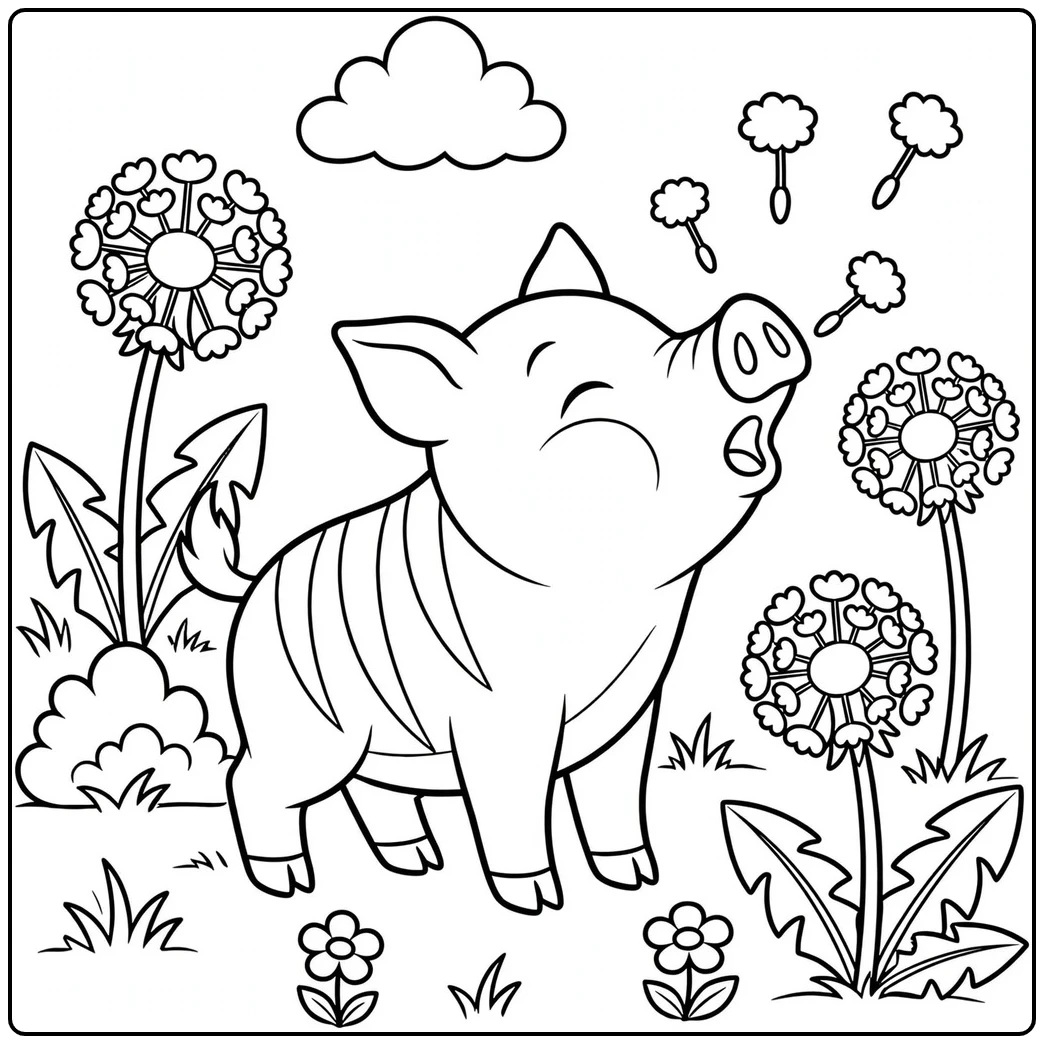 Striped baby wild boar sneezing beside dandelions with fluffy seeds floating overhead