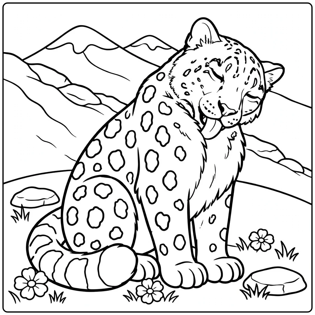 A seated snow leopard grooming its shoulder in a snow leopard coloring page