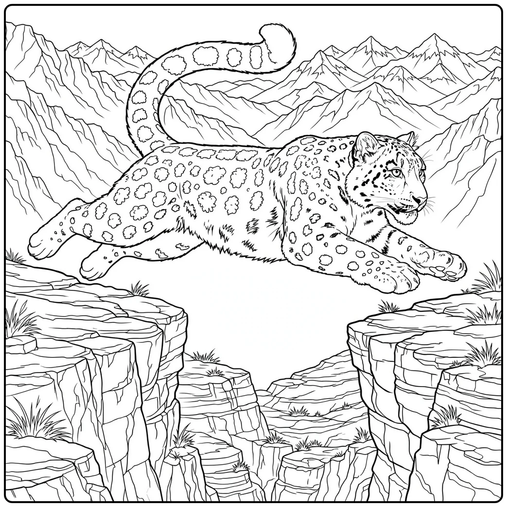 A spotted snow leopard leaping across a deep canyon between two rocky cliffs