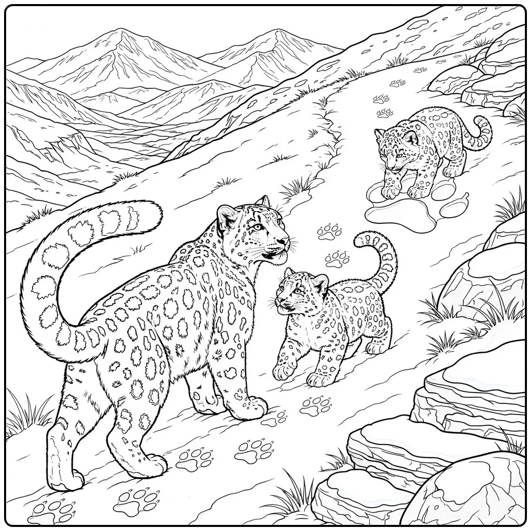 A mother and two cubs following paw prints in a snow leopard coloring page