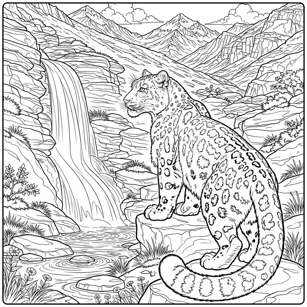 Snow leopard sitting beside a flowing waterfall surrounded by steep cliffs and alpine plants