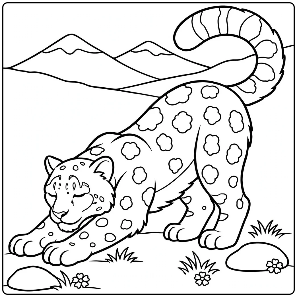 An adult snow leopard stretching its front legs forward with its fluffy tail raised