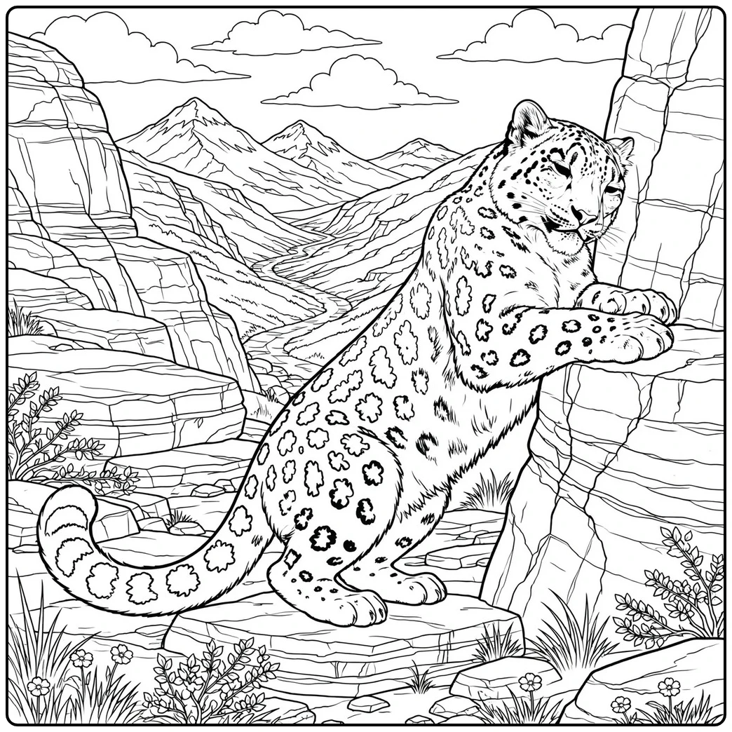Spotted leopard stretching against a rock wall in a realistic snow leopard coloring page