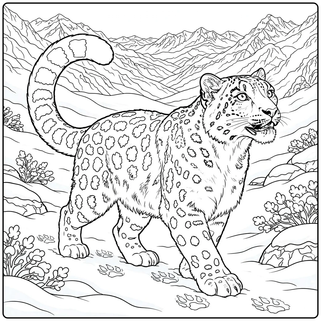 An adult snow leopard walking across snowy ground with paw prints and mountain peaks