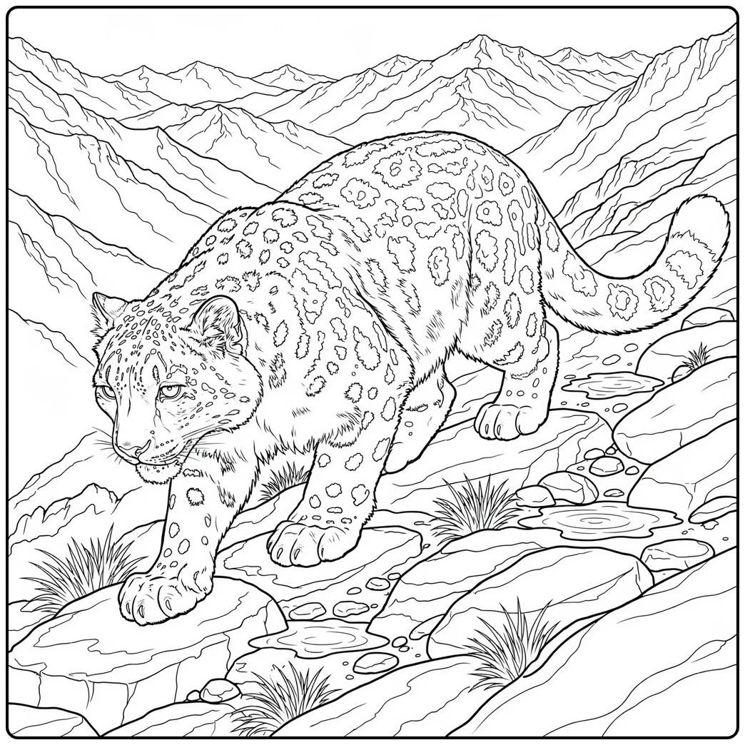 Snow leopard carefully walking across rocky terrain with mountain peaks in the background
