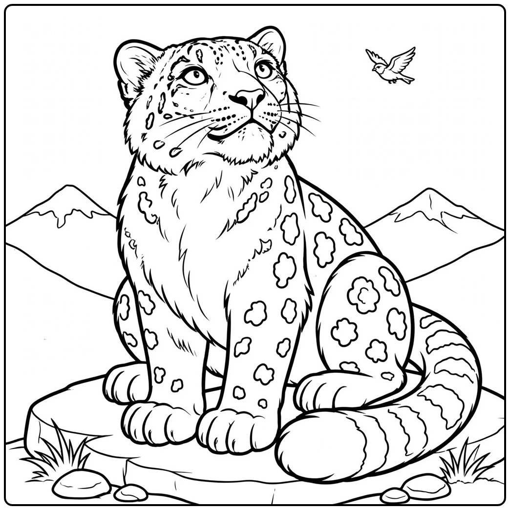 A seated snow leopard watching a flying bird in a snow leopard coloring page