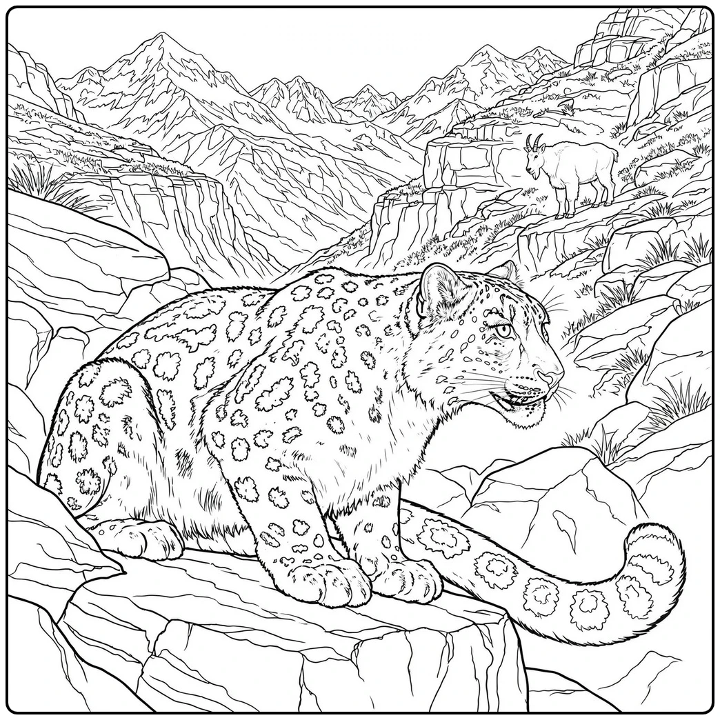 A snow leopard resting on a mountain ledge with a wild mountain goat in the distance