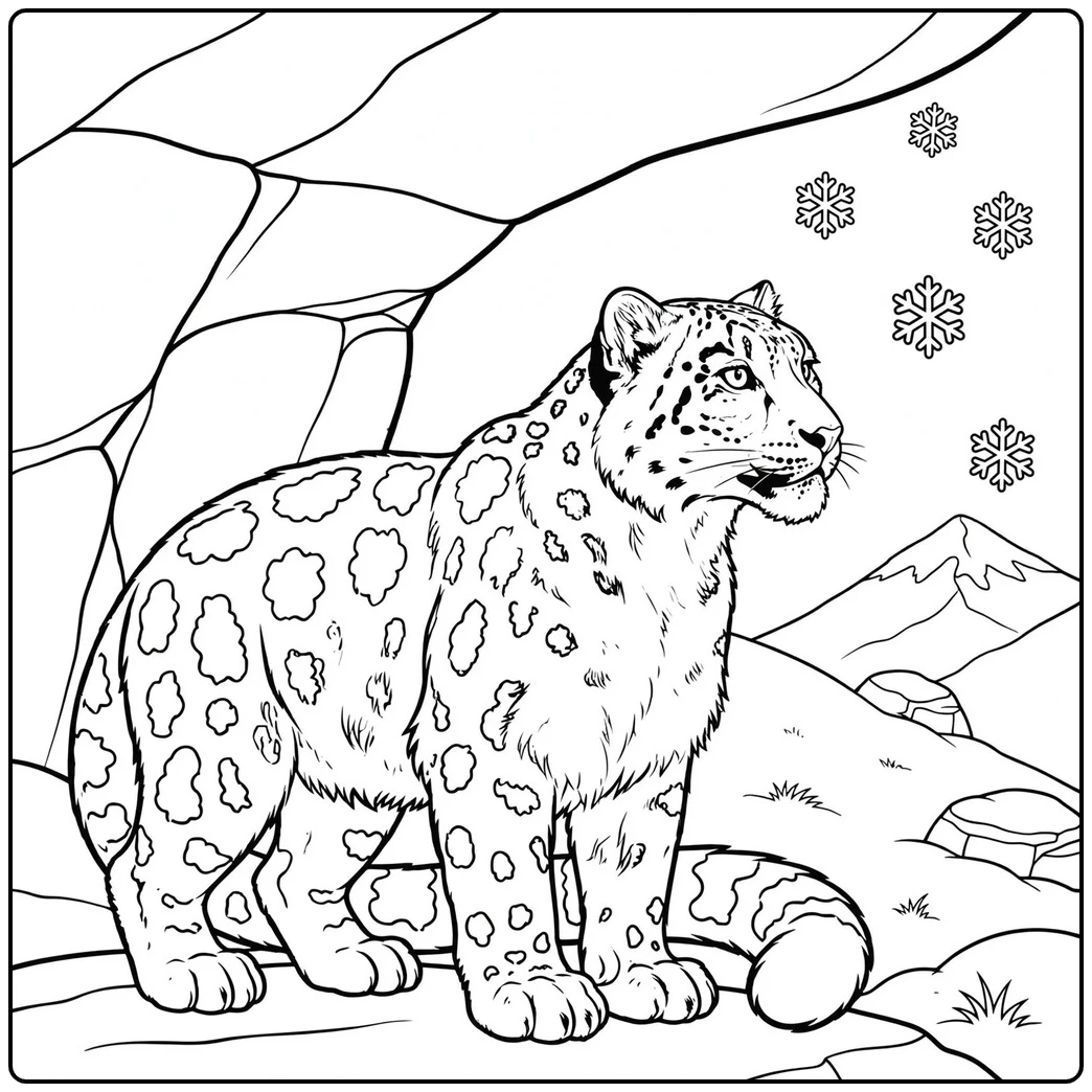 A snow leopard standing beneath a rocky overhang as snowflakes drift outside