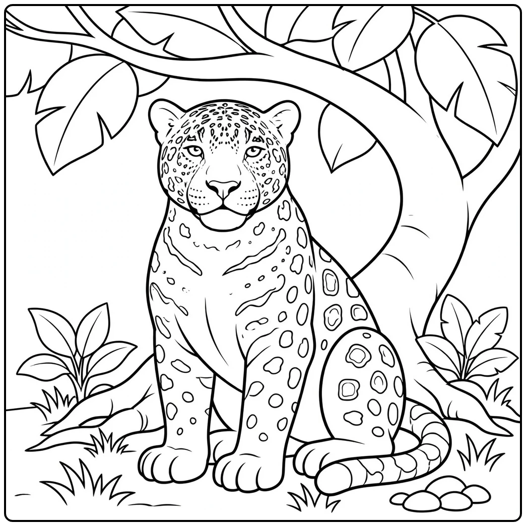 Spotted jaguar sitting beneath a large jungle tree with its tail curled beside its paws