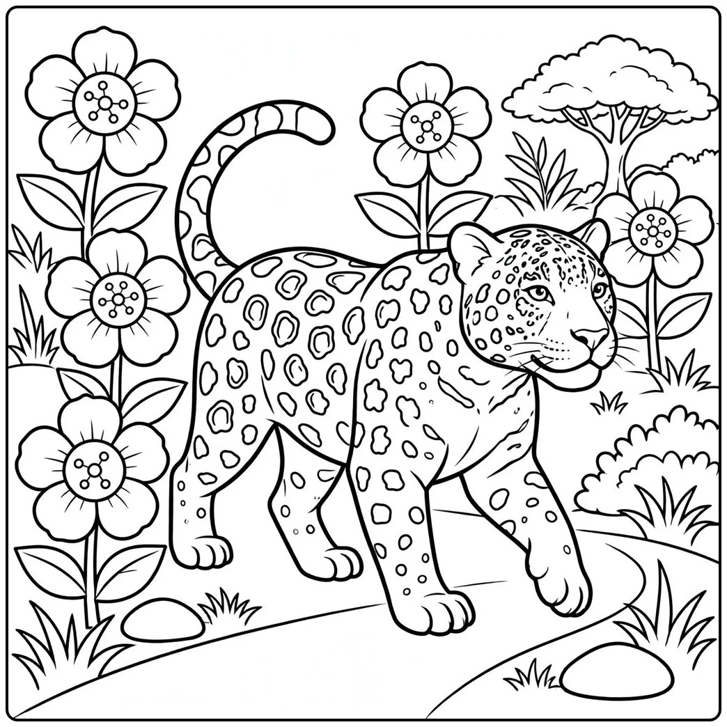 Spotted adult jaguar walking along a curved path between large flowers and leafy bushes