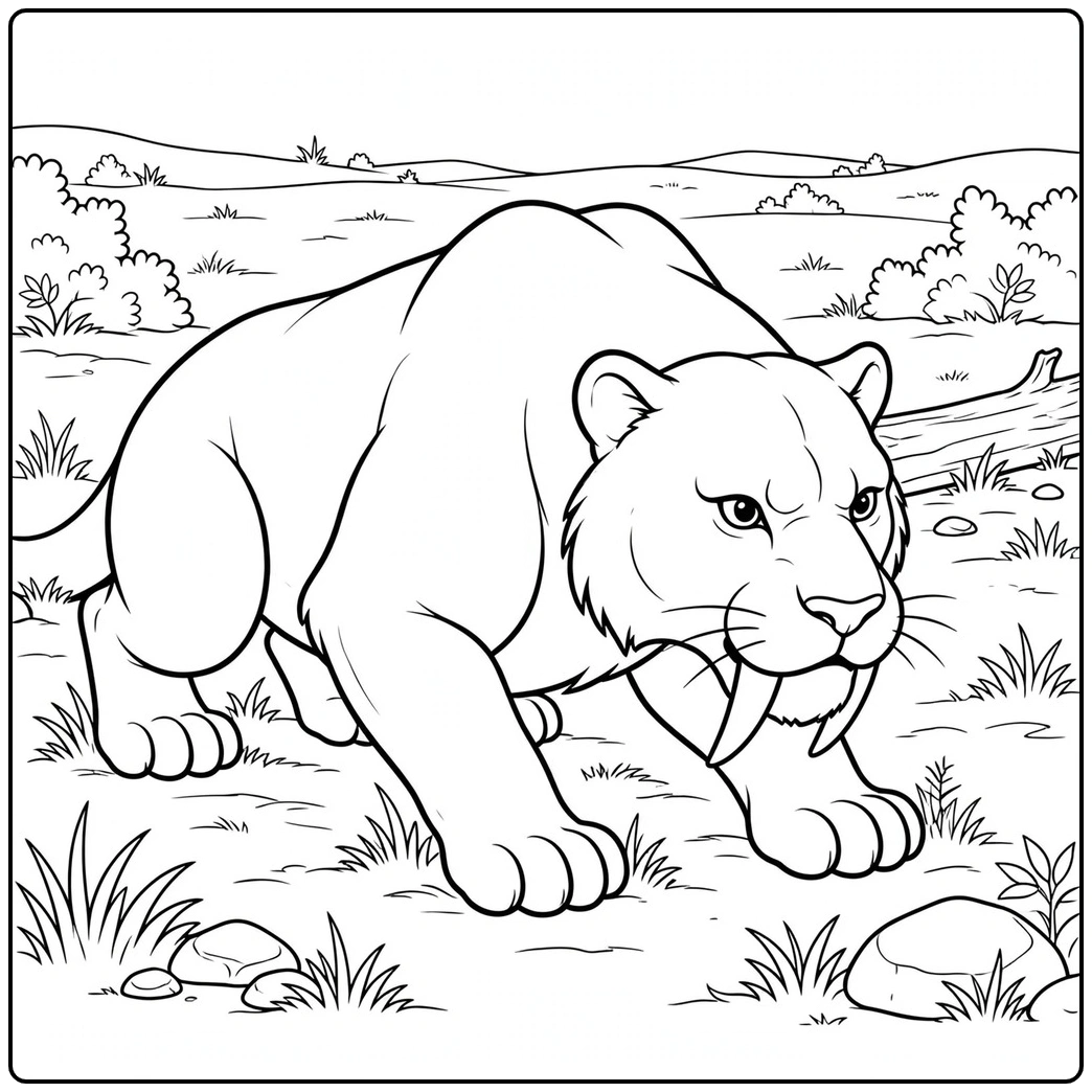 Low-crouching saber tooth tiger stalking across grass near a fallen log and rocks