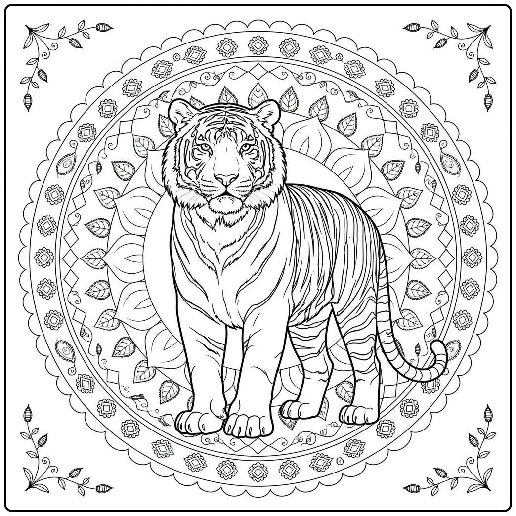 Standing adult tiger framed by a symmetrical mandala of leaves and geometric motifs