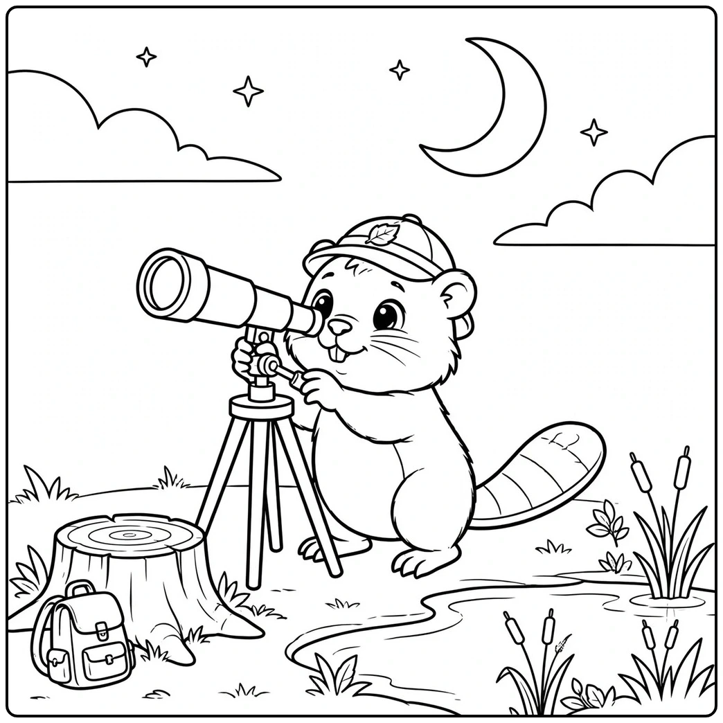 A young beaver looks through a telescope beside a stump beneath the stars