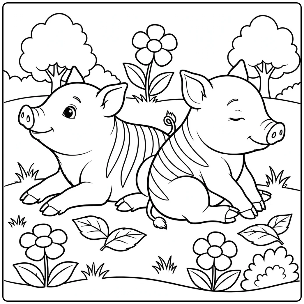 Baby wild boar coloring page with two striped piglets resting back to back in a meadow