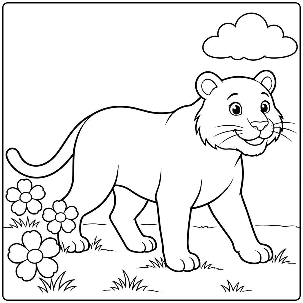Stripeless adult tiger walks through a simple flower meadow beneath a rounded cloud