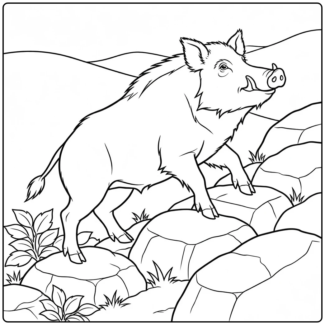 Realistic wild boar coloring page featuring a sturdy boar climbing a rocky hillside
