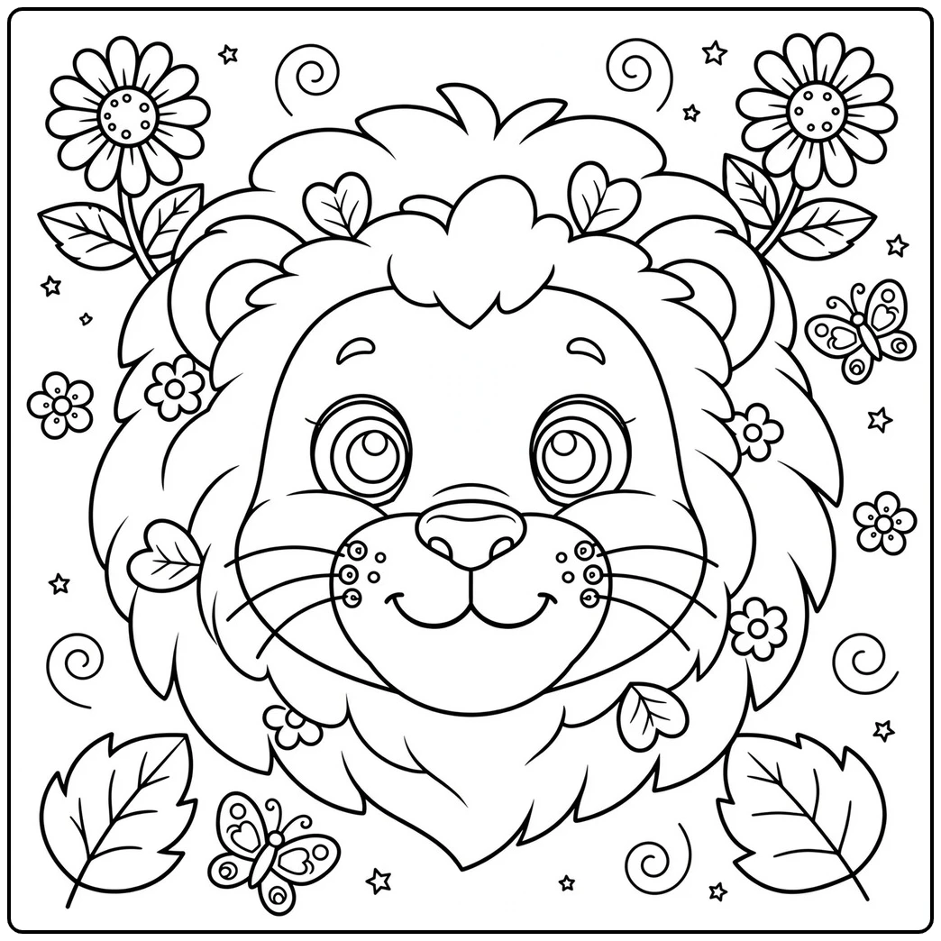 Cute lion face coloring page framed by daisies, butterflies, leaves, and swirls
