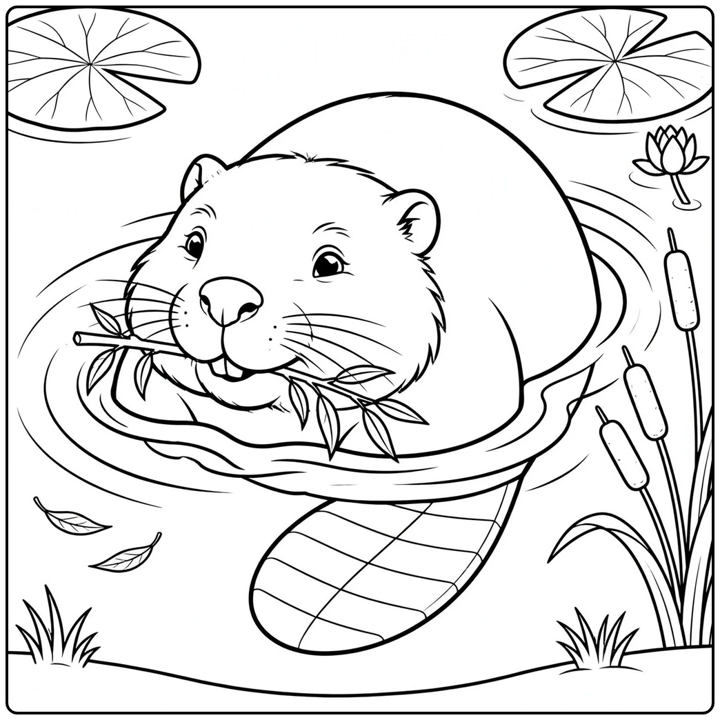 Swimming beaver carries a leafy branch through a pond with lily pads and cattails
