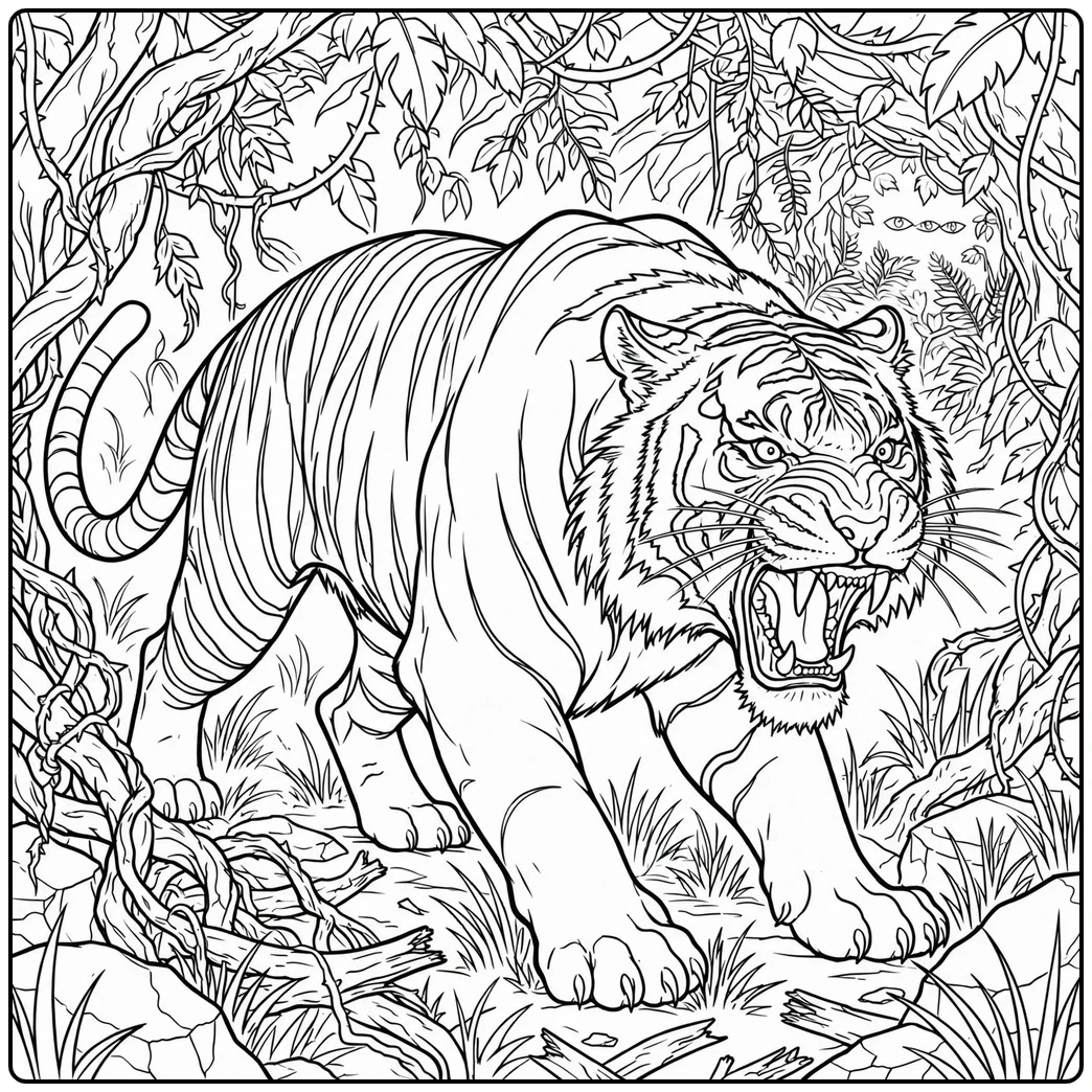 Fierce tiger bares long fangs while advancing through dense tangled jungle vegetation