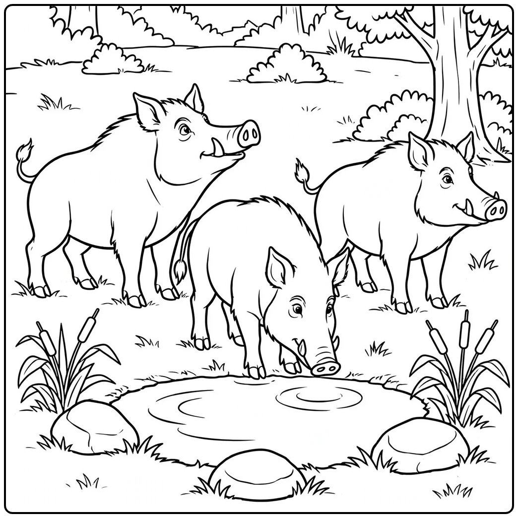 Three adult wild boars gathering beside a small forest pond with reeds and rocks
