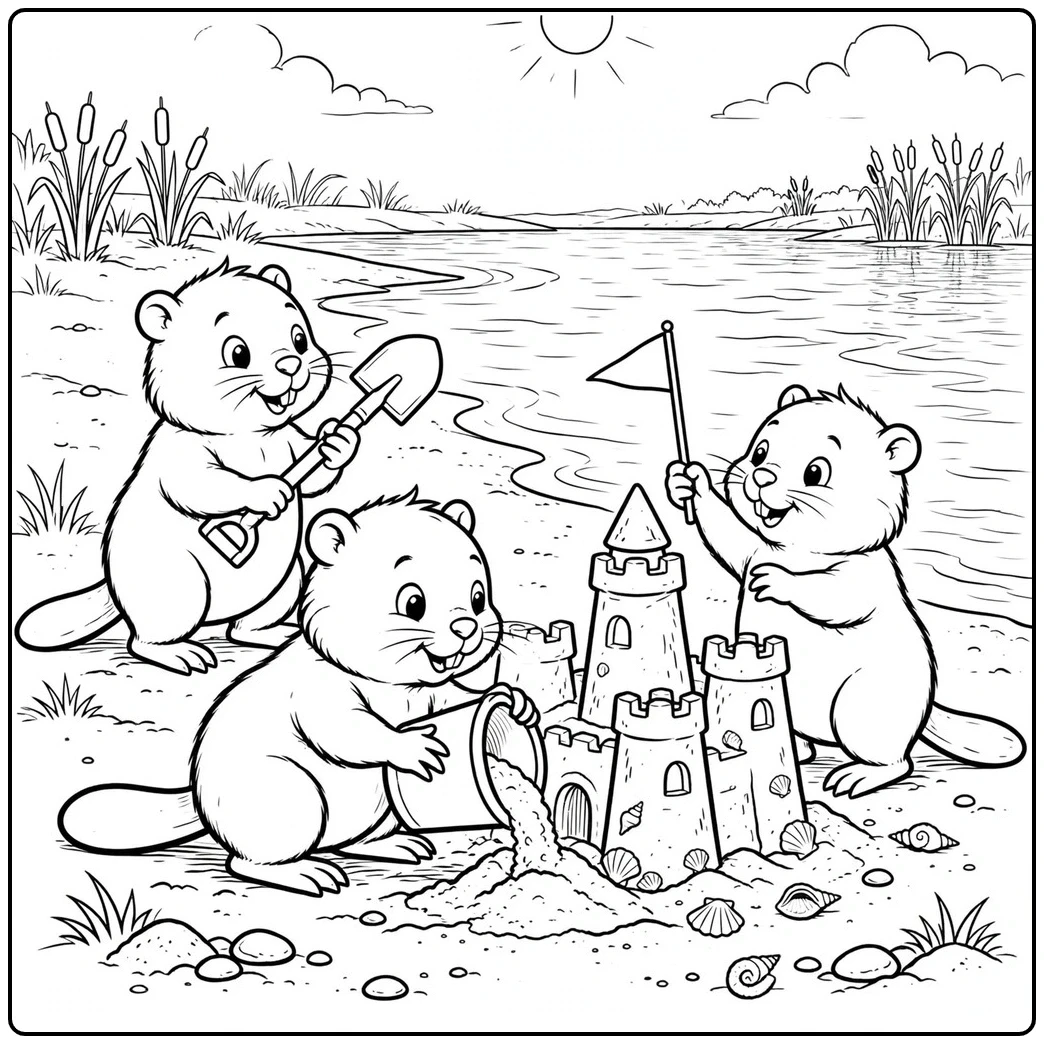 This beaver coloring page shows three young beavers making a sandcastle by a lake