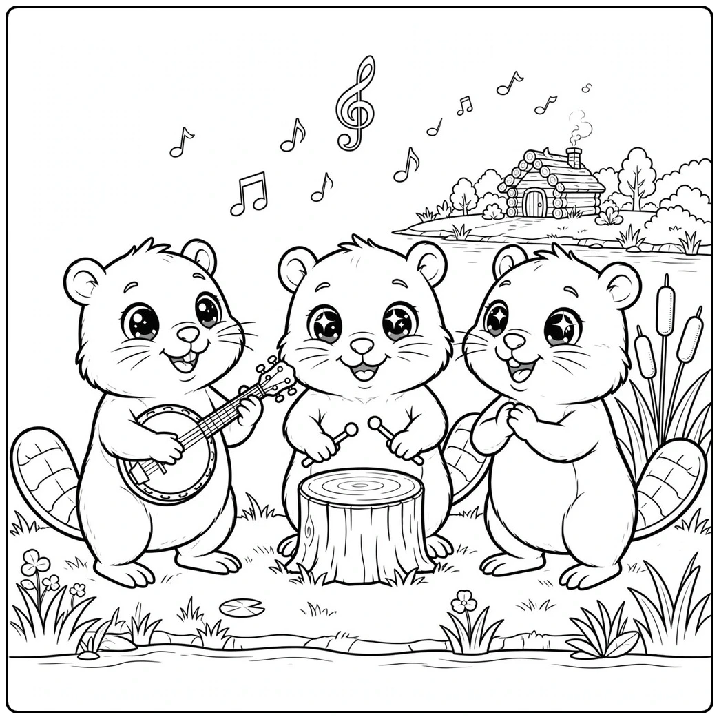 Three woodland beavers play banjo and stump drum while a friend sings by the pond