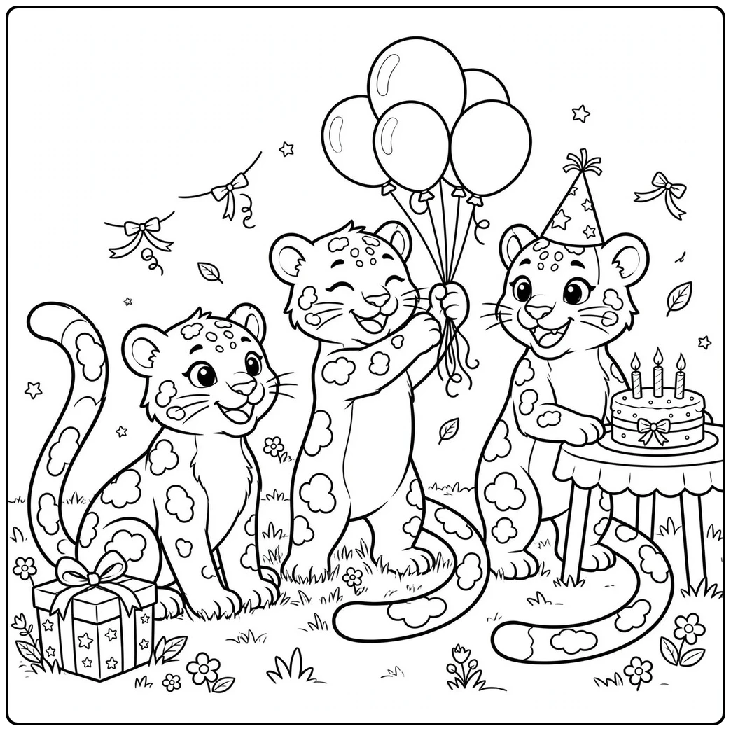 Three clouded leopards celebrating a birthday with balloons, cake, and a wrapped gift