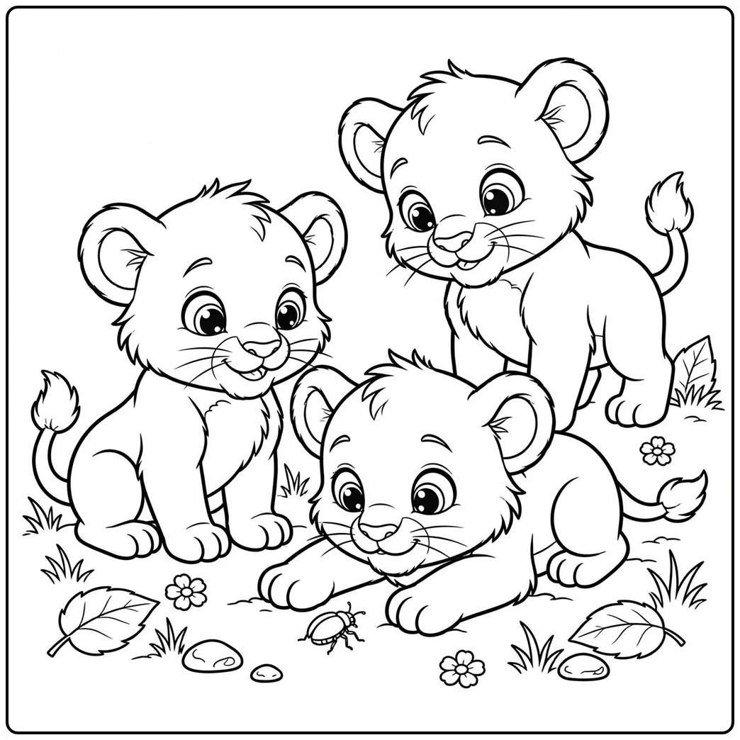 Three lion cubs gather around a tiny beetle in a cheerful lion coloring page