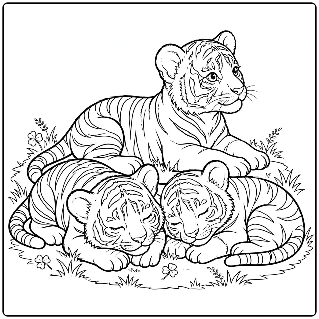Three tiger cubs resting together on grass, with two asleep and one alert