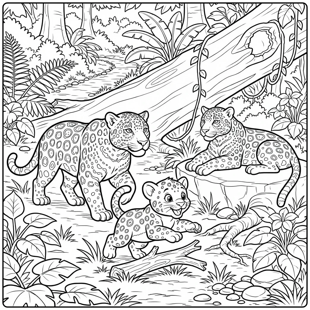 Three spotted jaguars gathered around a fallen tree trunk among dense rainforest plants