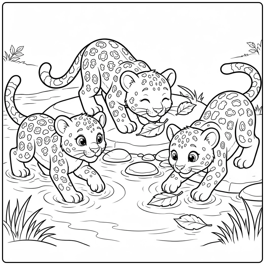 Three cubs splash around floating leaves in playful leopard coloring pages for kids