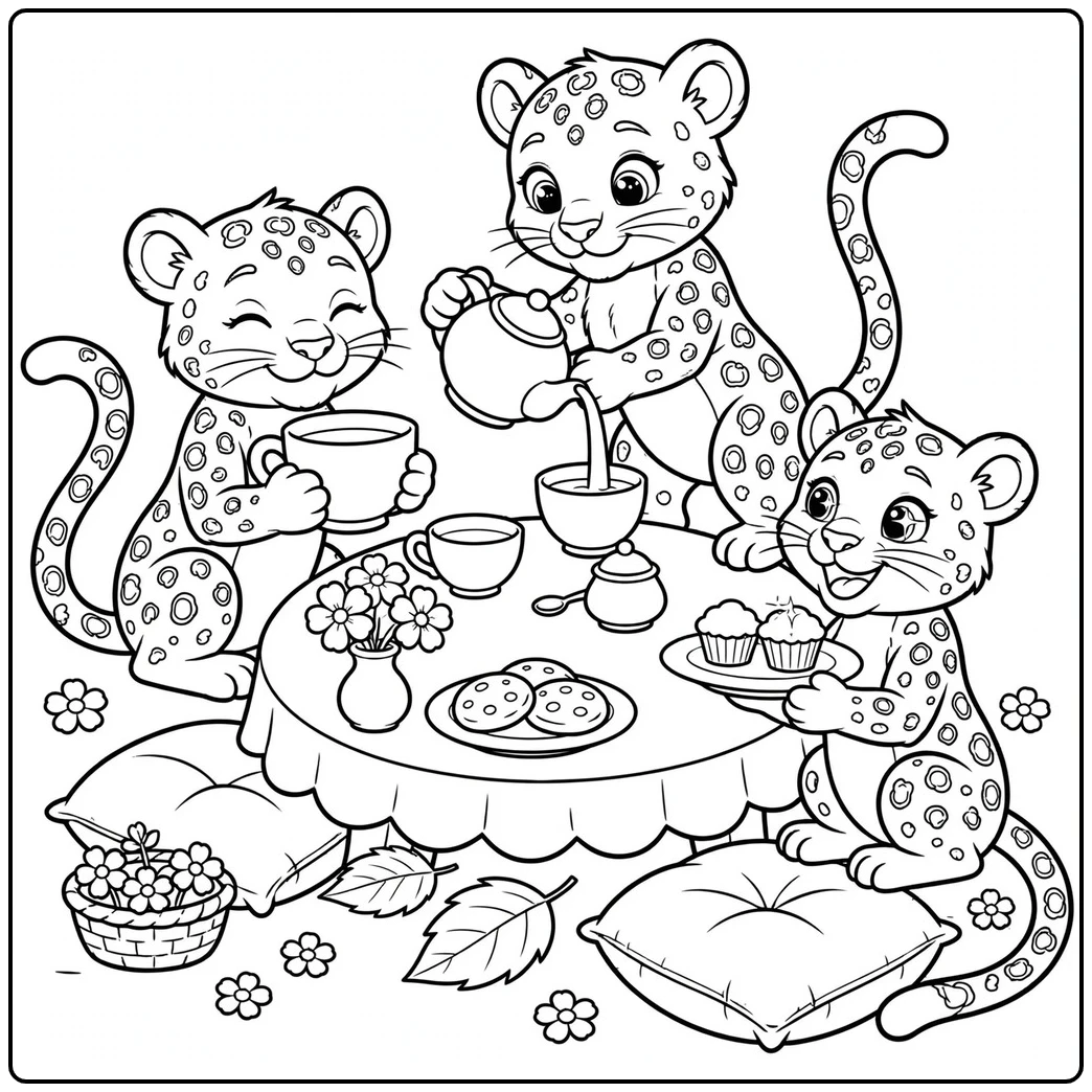 Three leopards enjoy tea and cupcakes in cheerful leopard coloring pages for children