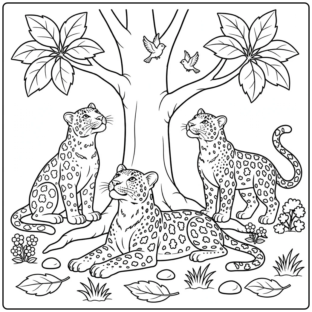 Three leopards gather under a tree and look upward at two small birds in flight
