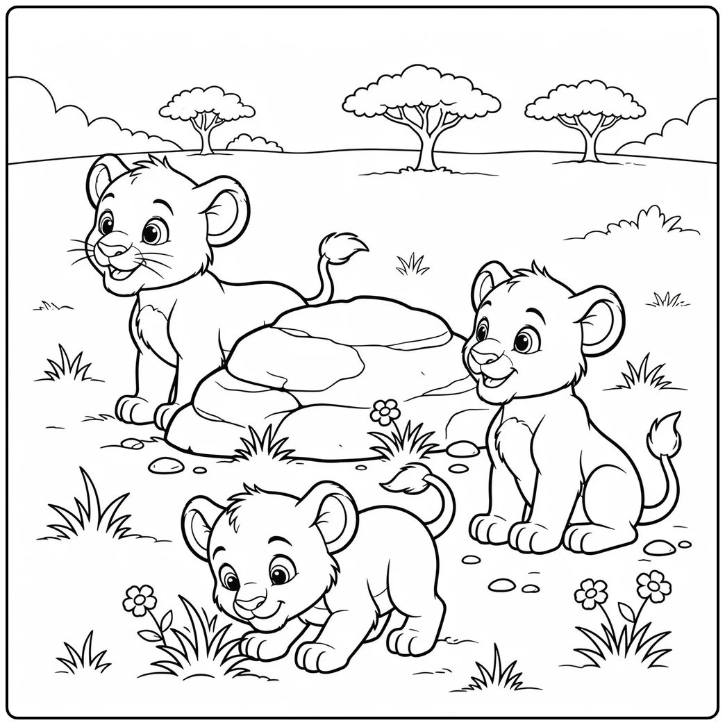 Three lion cubs explore rocks, flowers, and grass across a simple savanna scene