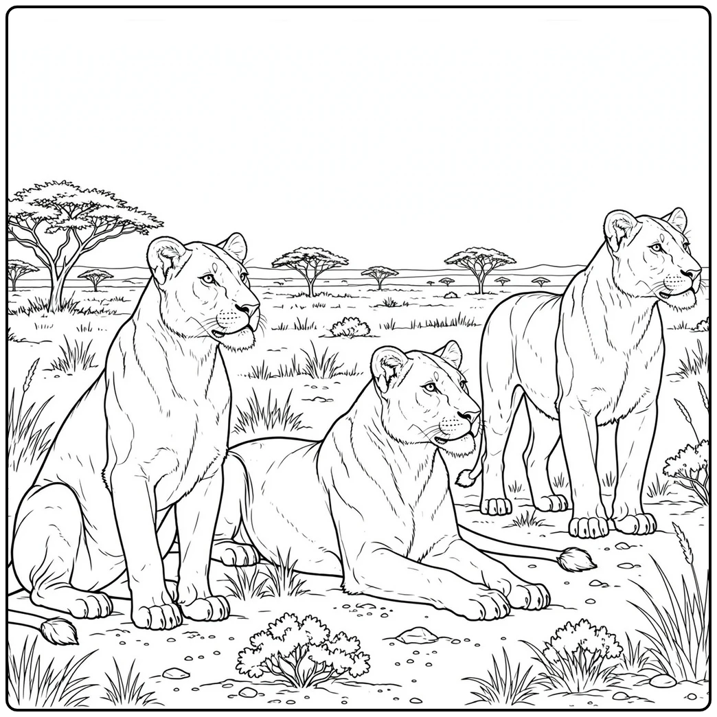 Three lionesses sit, lie, and stand alert across an open African savanna