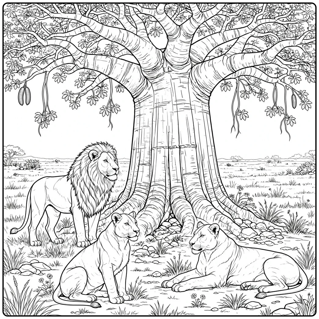 Three adult lions gather beneath a massive baobab tree on the open savanna