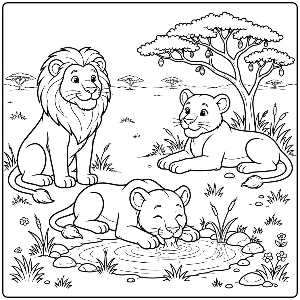 Three lions relax by a pond beneath an acacia tree in a cute lion coloring page